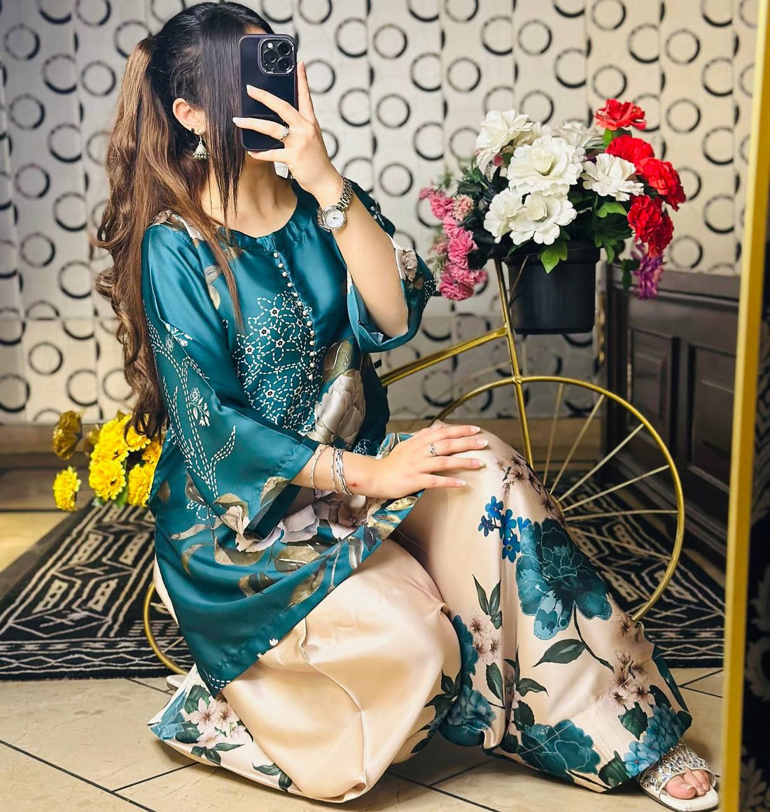 Teal Blue Designer Natural Crepe Silk Top Farshi Pant and Dupatta