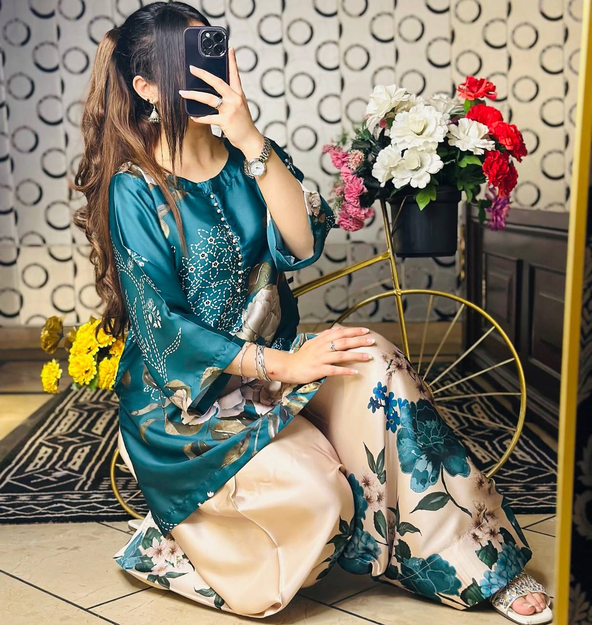 Teal Blue Designer Natural Crepe Silk Top Farshi Pant and Dupatta