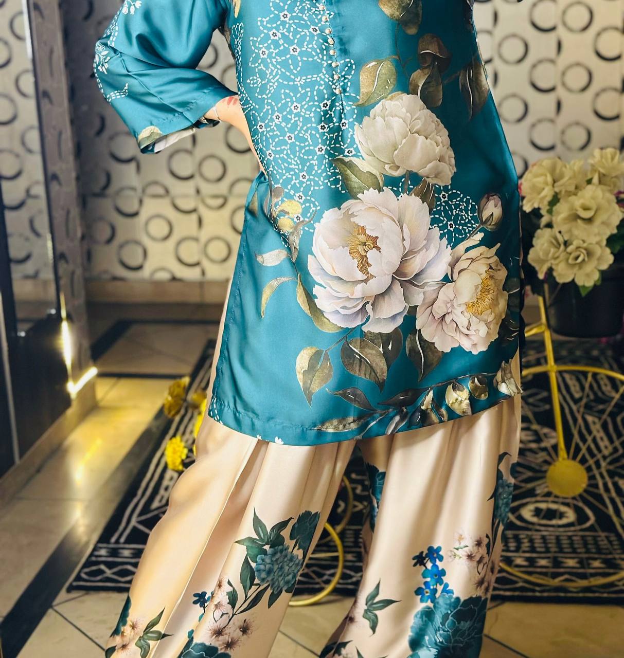 Teal Blue Designer Natural Crepe Silk Top Farshi Pant and Dupatta