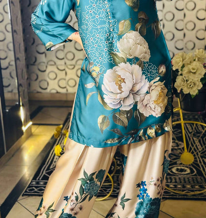 Teal Blue Designer Natural Crepe Silk Top Farshi Pant and Dupatta