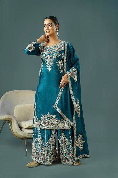 Teal Blue Designer Pure Chinnon Silk Dori Palazzo Top and Dupatta