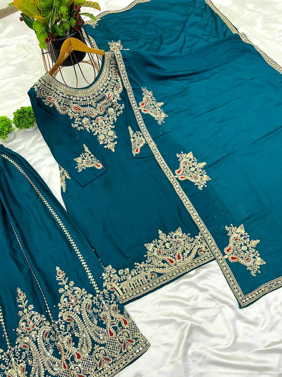 Teal Blue Designer Pure Chinnon Silk Dori Palazzo Top and Dupatta