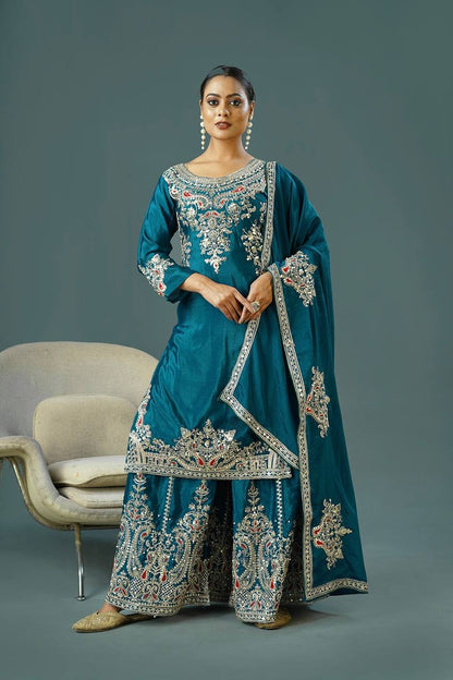 Teal Blue Designer Pure Chinnon Silk Dori Palazzo Top and Dupatta