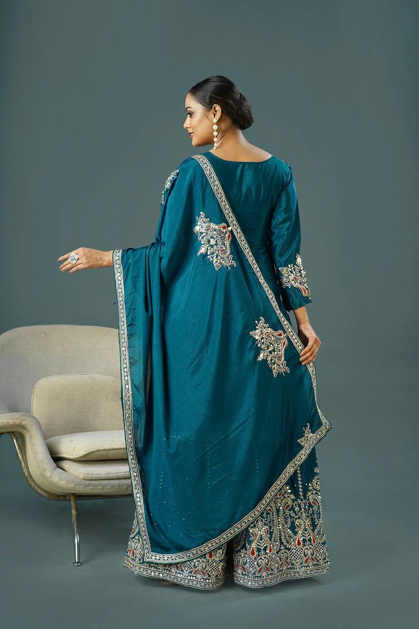 Teal Blue Designer Pure Chinnon Silk Dori Palazzo Top and Dupatta