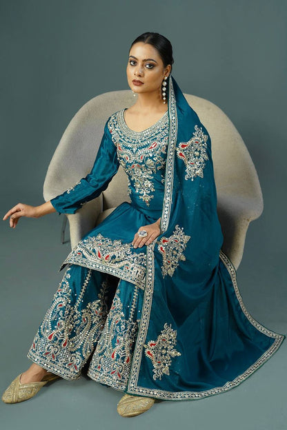 Teal Blue Designer Pure Chinnon Silk Dori Palazzo Top and Dupatta
