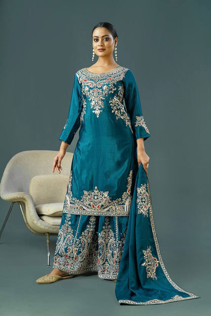 Teal Blue Designer Pure Chinnon Silk Dori Palazzo Top and Dupatta