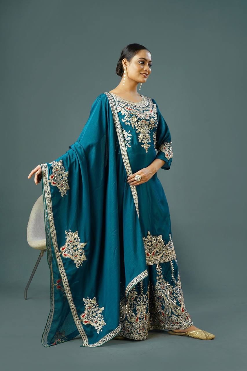 Teal Blue Designer Pure Chinnon Silk Dori Palazzo Top and Dupatta