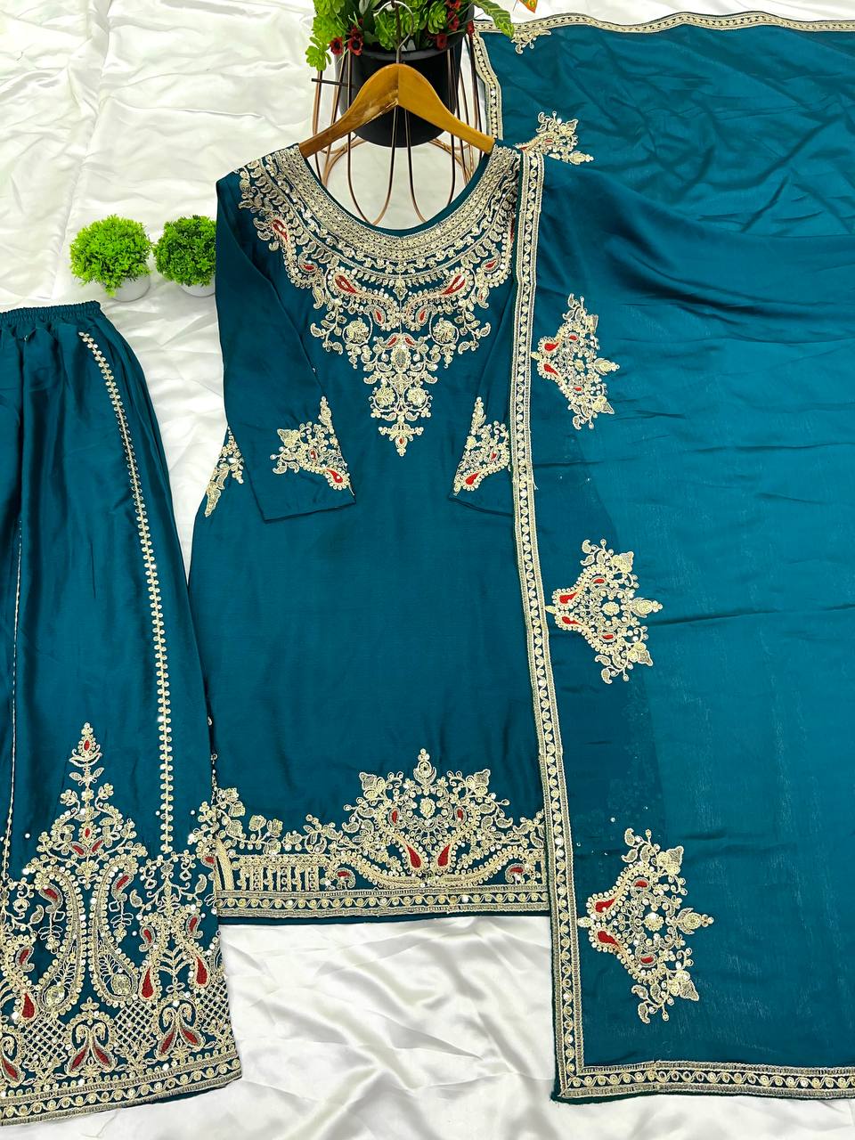 Teal Blue Designer Pure Chinnon Silk Dori Palazzo Top and Dupatta