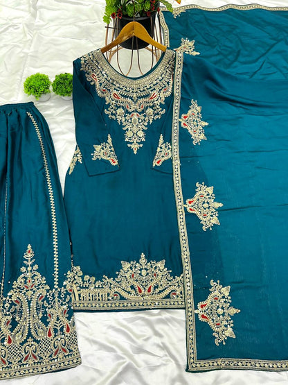 Teal Blue Designer Pure Chinnon Silk Dori Palazzo Top and Dupatta