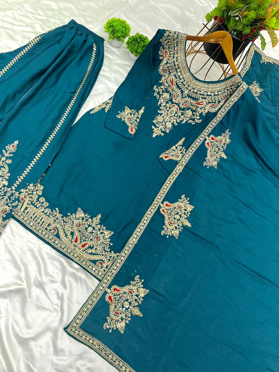 Teal Blue Designer Pure Chinnon Silk Dori Palazzo Top and Dupatta