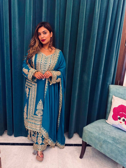 Teal Blue Designer Pure Chinnon Silk Embroidery Palazzo Top and Dupatta