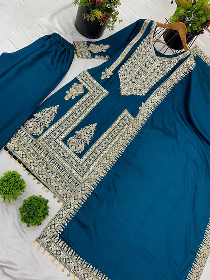 Teal Blue Designer Pure Chinnon Silk Embroidery Palazzo Top and Dupatta