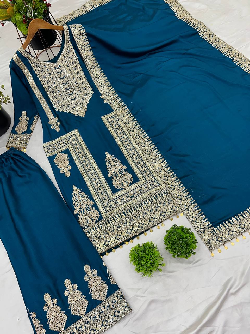 Teal Blue Designer Pure Chinnon Silk Embroidery Palazzo Top and Dupatta