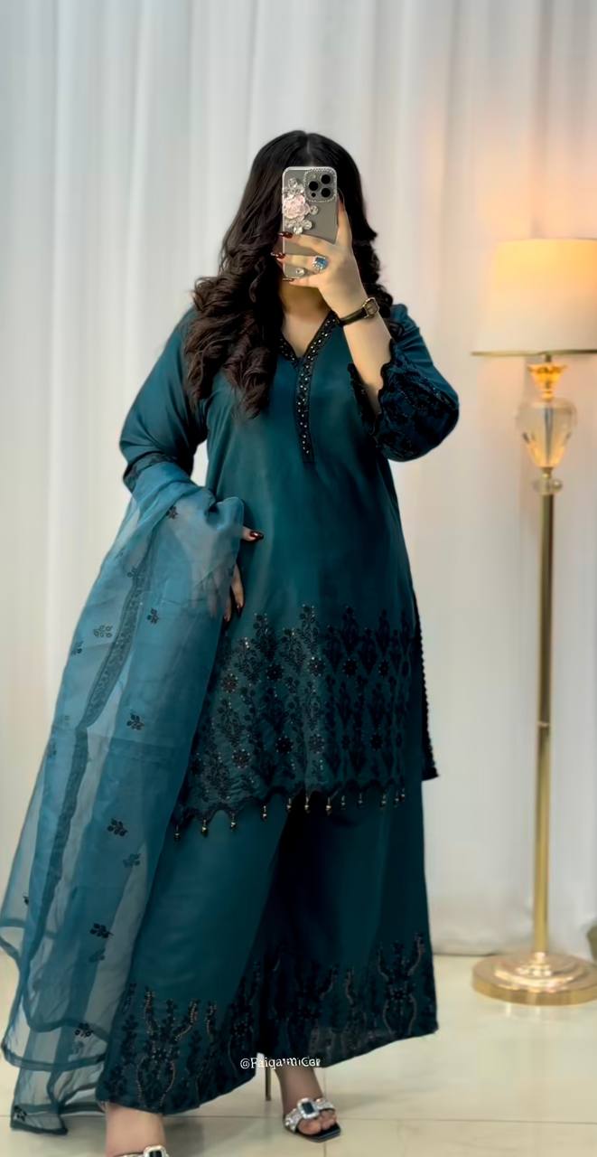 Teal Blue Designer Vichitra Silk Top Pant and Dupatta For Party Wear