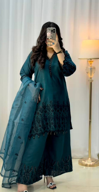 Teal Blue Designer Vichitra Silk Top Pant and Dupatta For Party Wear