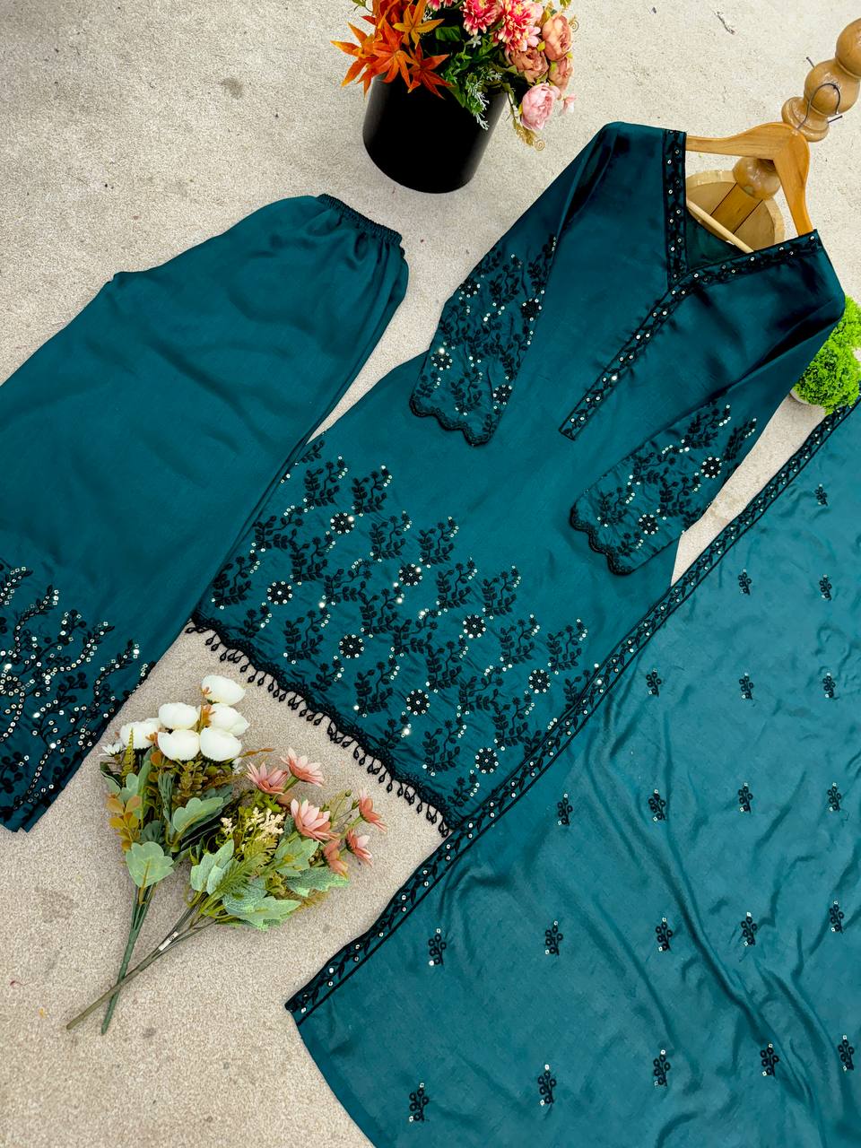 Teal Blue Designer Vichitra Silk Top Pant and Dupatta For Party Wear