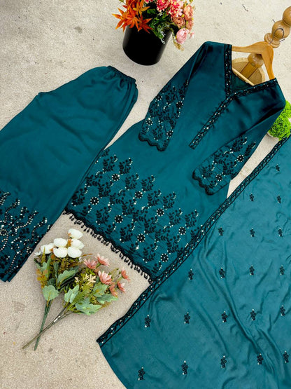 Teal Blue Designer Vichitra Silk Top Pant and Dupatta For Party Wear