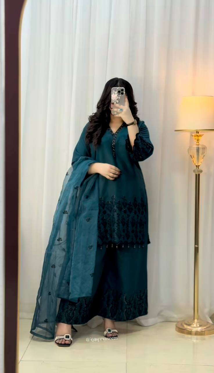 Teal Blue Designer Vichitra Silk Top Pant and Dupatta For Party Wear