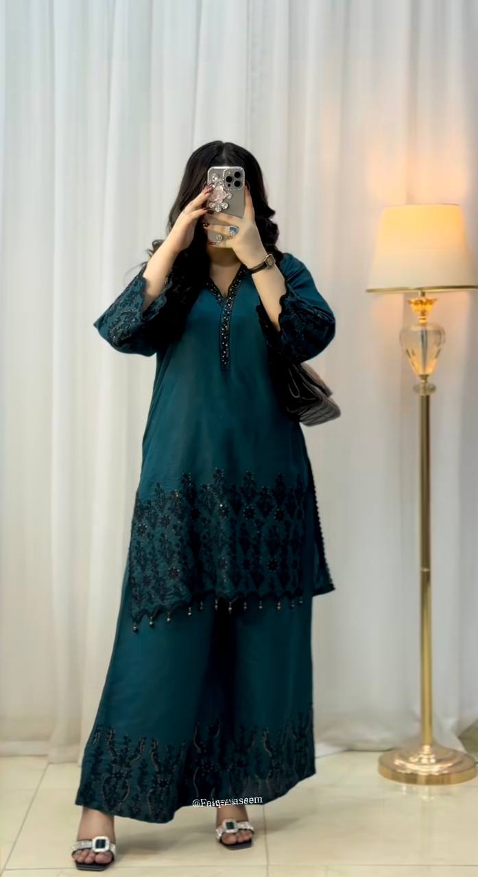 Teal Blue Designer Vichitra Silk Top Pant and Dupatta For Party Wear