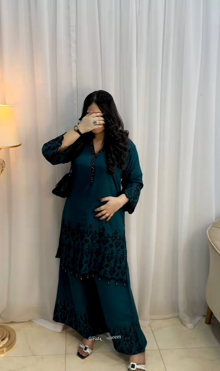 Teal Blue Designer Vichitra Silk Top Pant and Dupatta For Party Wear