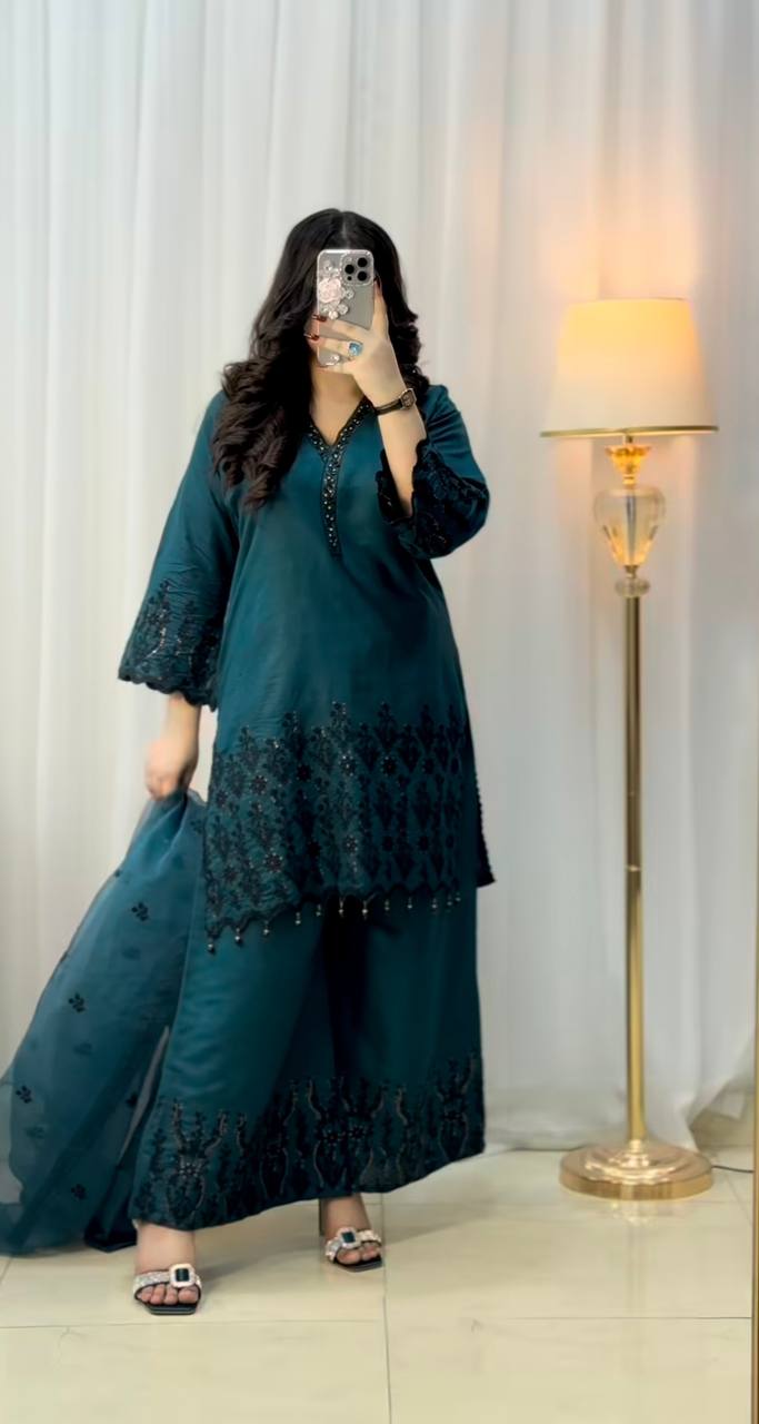 Teal Blue Designer Vichitra Silk Top Pant and Dupatta For Party Wear