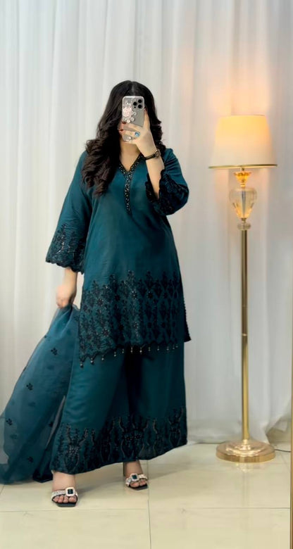 Teal Blue Designer Vichitra Silk Top Pant and Dupatta For Party Wear