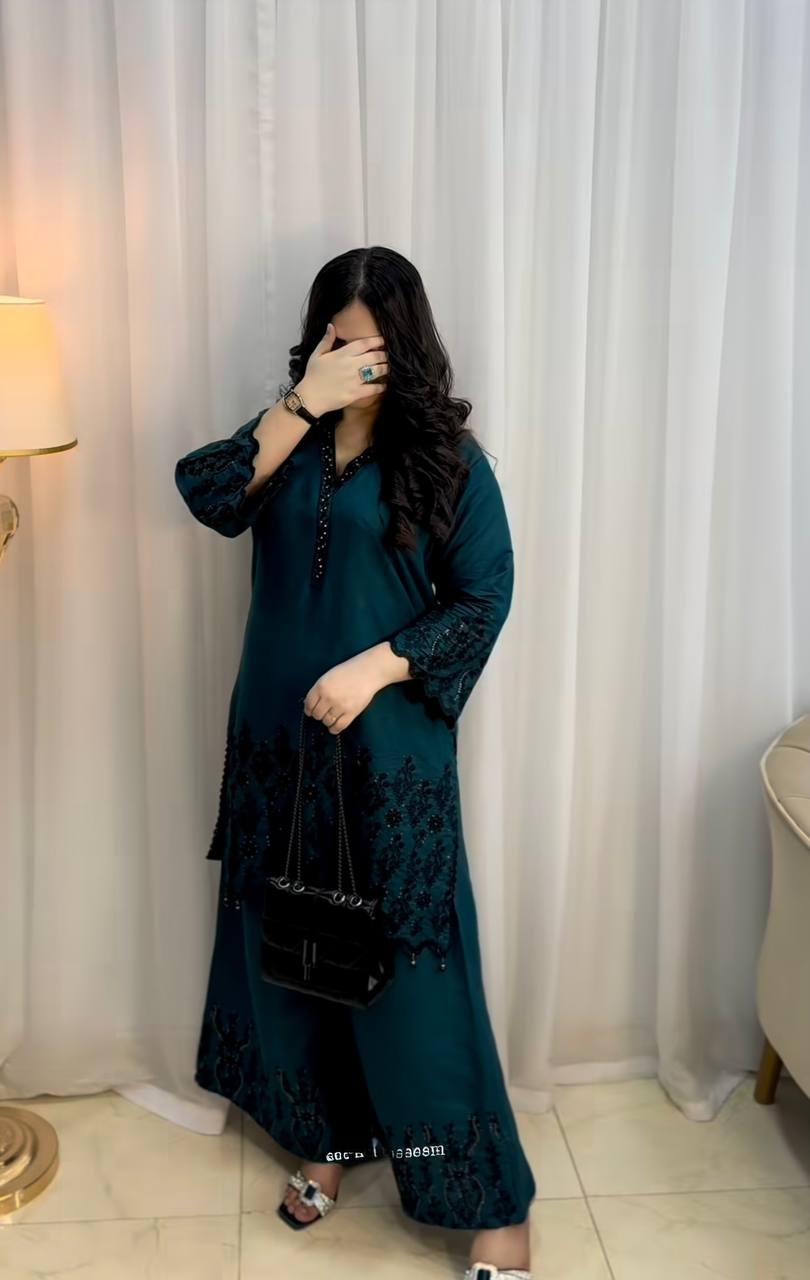 Teal Blue Designer Vichitra Silk Top Pant and Dupatta For Party Wear