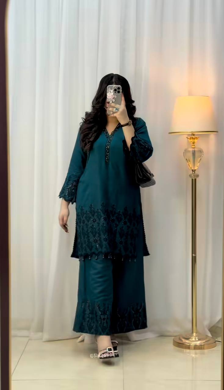 Teal Blue Designer Vichitra Silk Top Pant and Dupatta For Party Wear