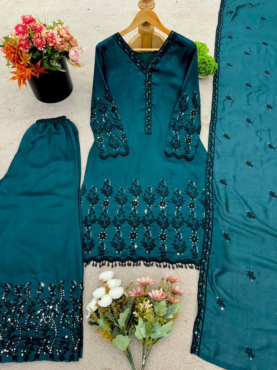 Teal Blue Designer Vichitra Silk Top Pant and Dupatta For Party Wear