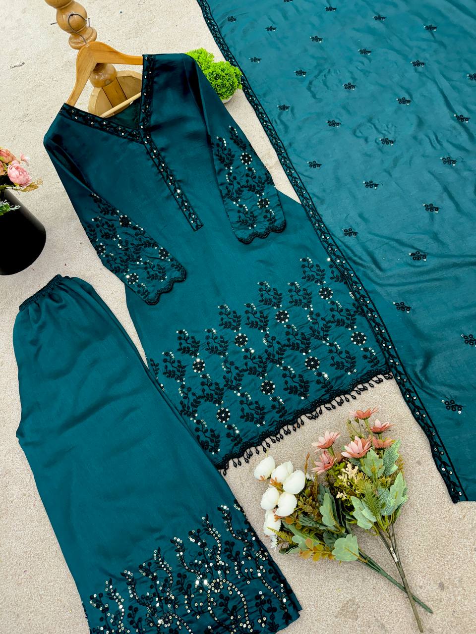 Teal Blue Designer Vichitra Silk Top Pant and Dupatta For Party Wear
