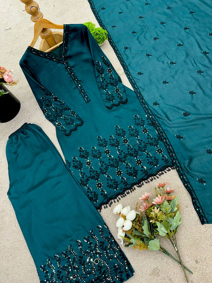 Teal Blue Designer Vichitra Silk Top Pant and Dupatta For Party Wear