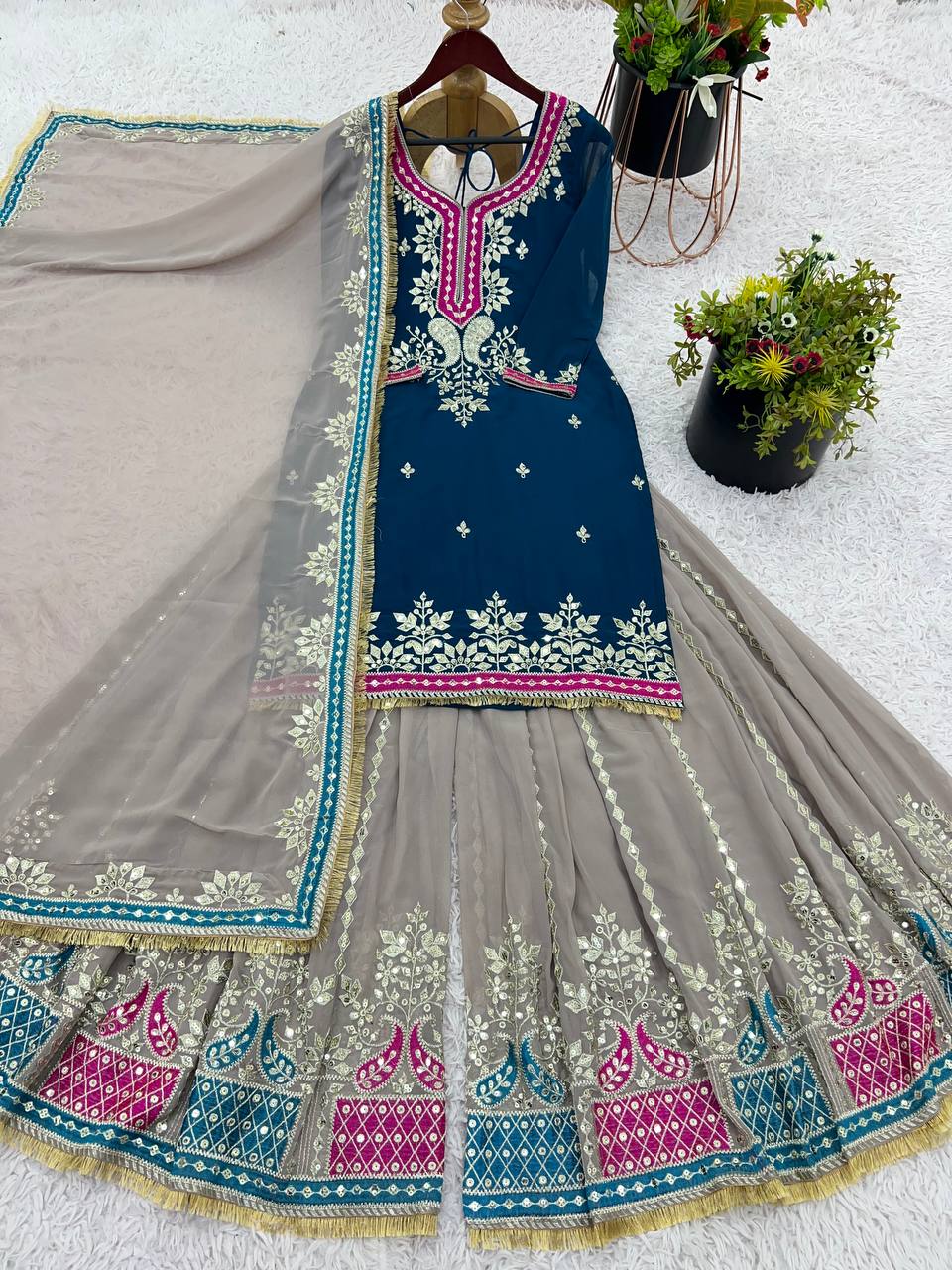 Teal Blue Faux Georgette Sharara Suit and Dupatta For Party Wear 