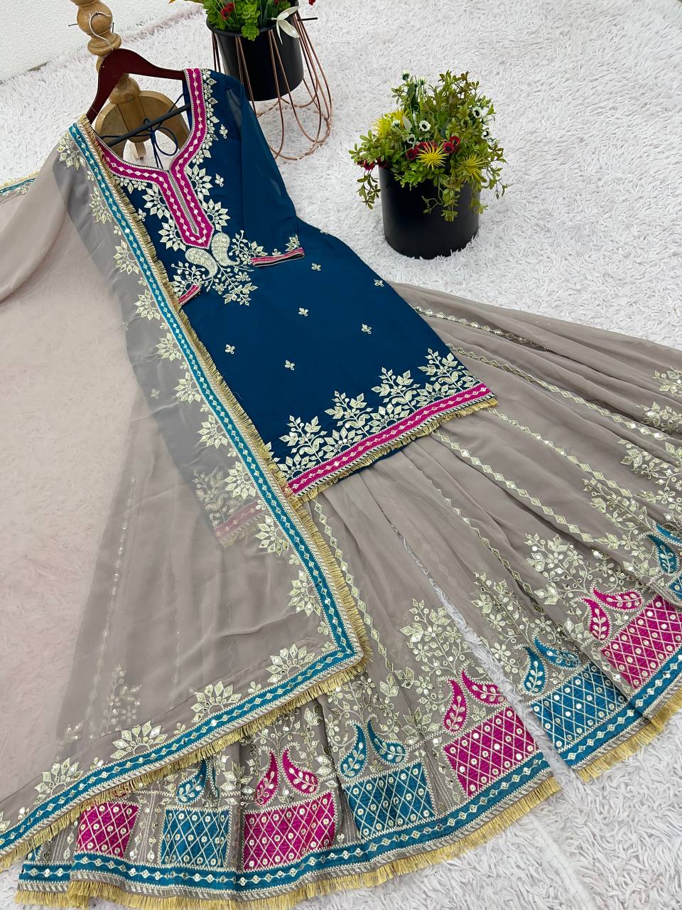 Teal Blue Faux Georgette Sharara Suit and Dupatta For Party Wear 