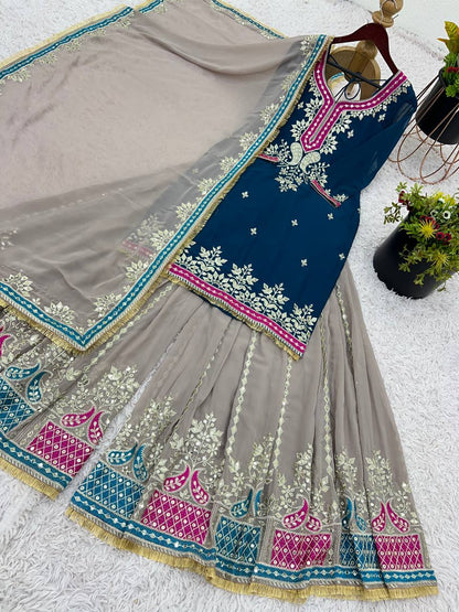 Teal Blue Faux Georgette Sharara Suit and Dupatta For Party Wear 