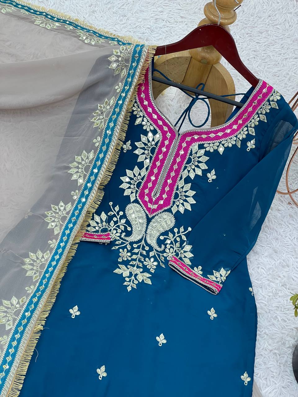 Teal Blue Faux Georgette Sharara Suit and Dupatta For Party Wear 