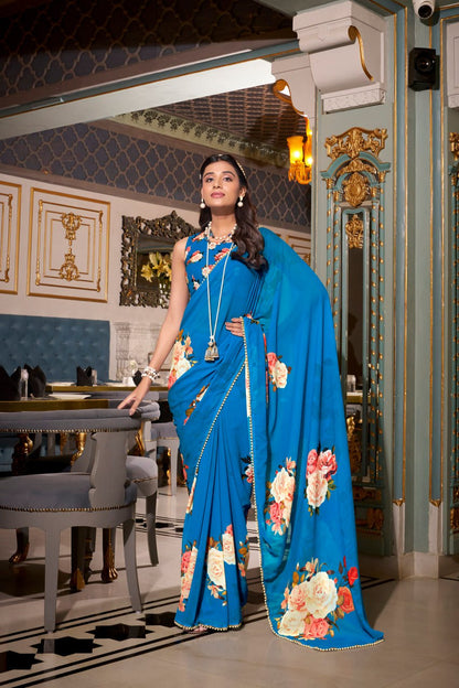 Teal Blue Georgette Floral Print Saree with Pearl Lace Border