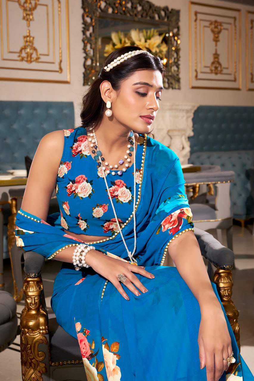 Teal Blue Georgette Floral Print Saree with Pearl Lace Border