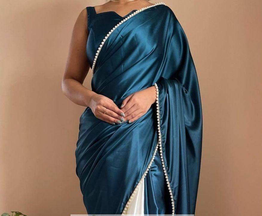 Teal Blue Satin Saree with Moti Lace Border and Matching Blouse