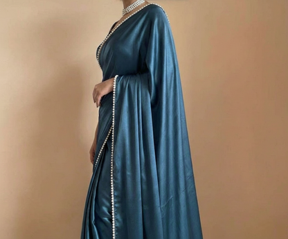 Teal Blue Satin Saree with Moti Lace Border and Matching Blouse