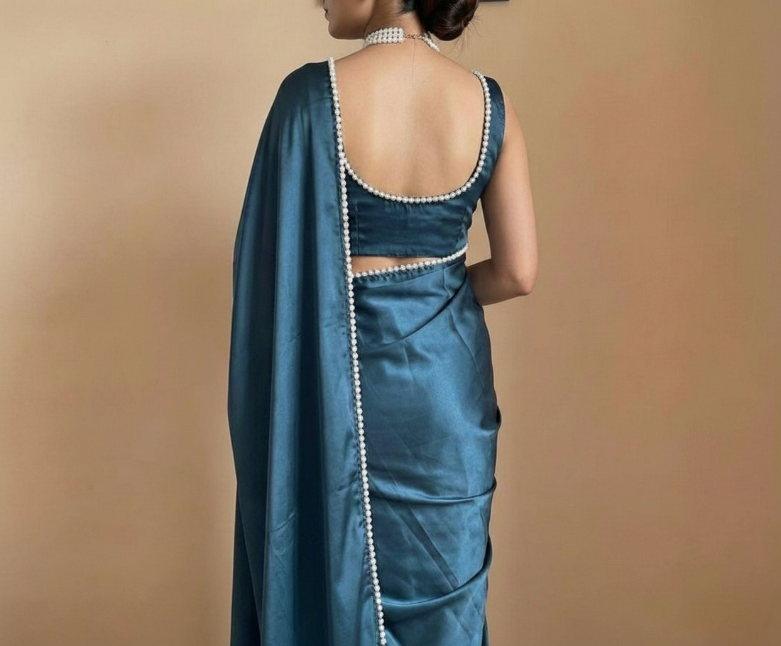 Teal Blue Satin Saree with Moti Lace Border and Matching Blouse