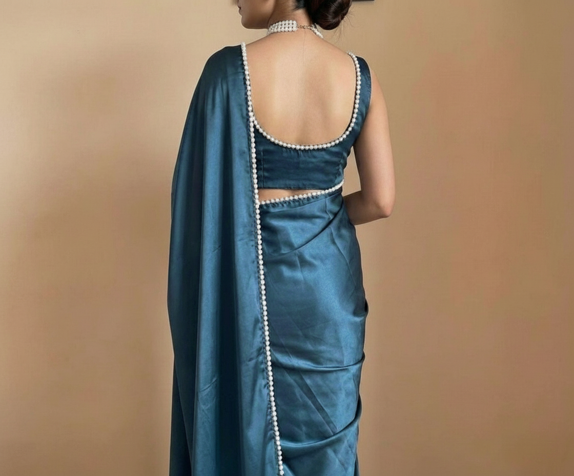 Teal Blue Satin Saree with Moti Lace Border and Matching Blouse
