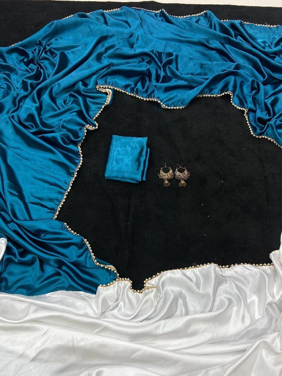 Teal Blue Satin Saree with Moti Lace Border and Matching Blouse