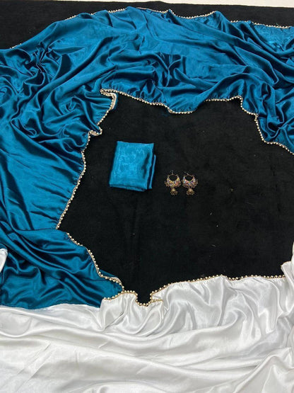 Teal Blue Satin Saree with Moti Lace Border and Matching Blouse