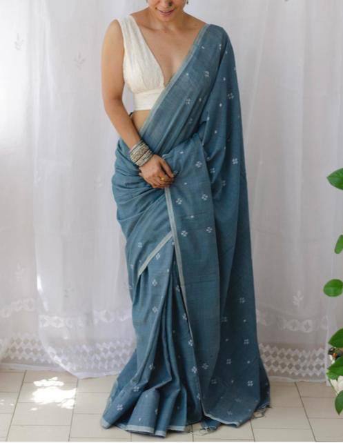 Teal Blue Soft Mulmul Cotton Digital Print Saree with Banglori Blouse