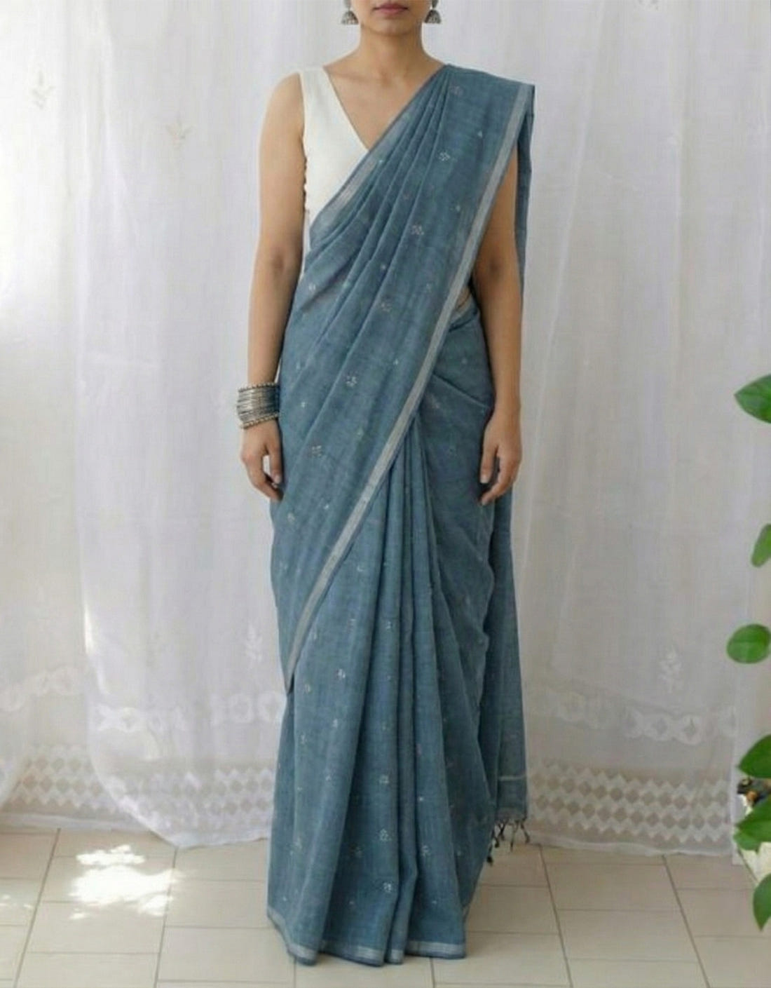 Teal Blue Soft Mulmul Cotton Digital Print Saree with Banglori Blouse