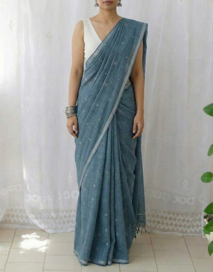 Teal Blue Soft Mulmul Cotton Digital Print Saree with Banglori Blouse