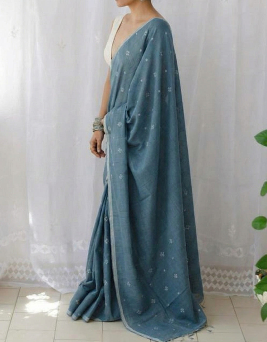 Teal Blue Soft Mulmul Cotton Digital Print Saree with Banglori Blouse