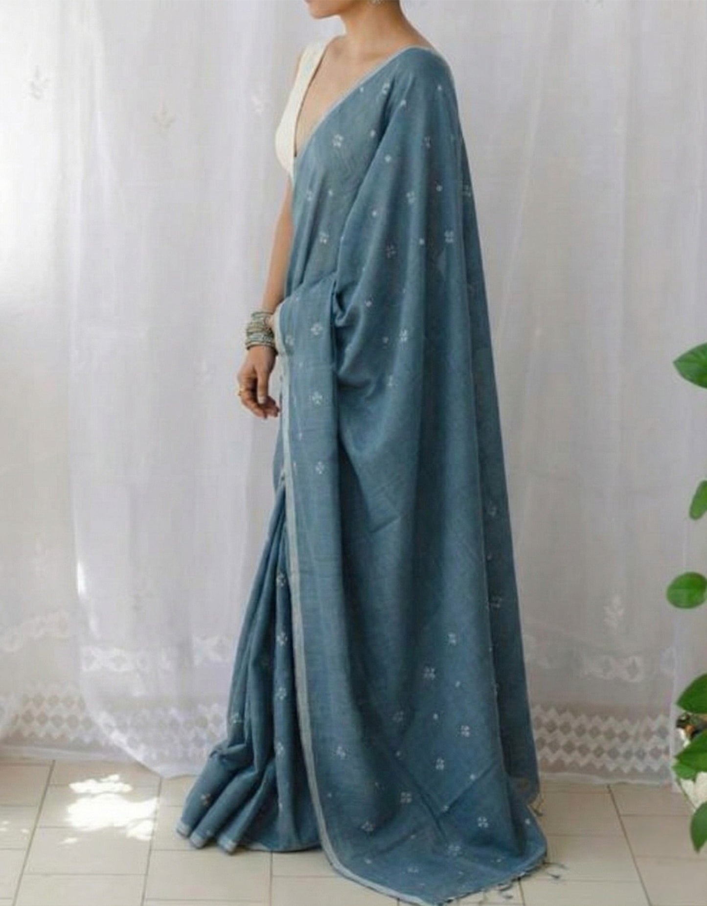 Teal Blue Soft Mulmul Cotton Digital Print Saree with Banglori Blouse