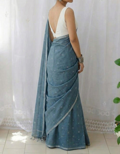 Teal Blue Soft Mulmul Cotton Digital Print Saree with Banglori Blouse