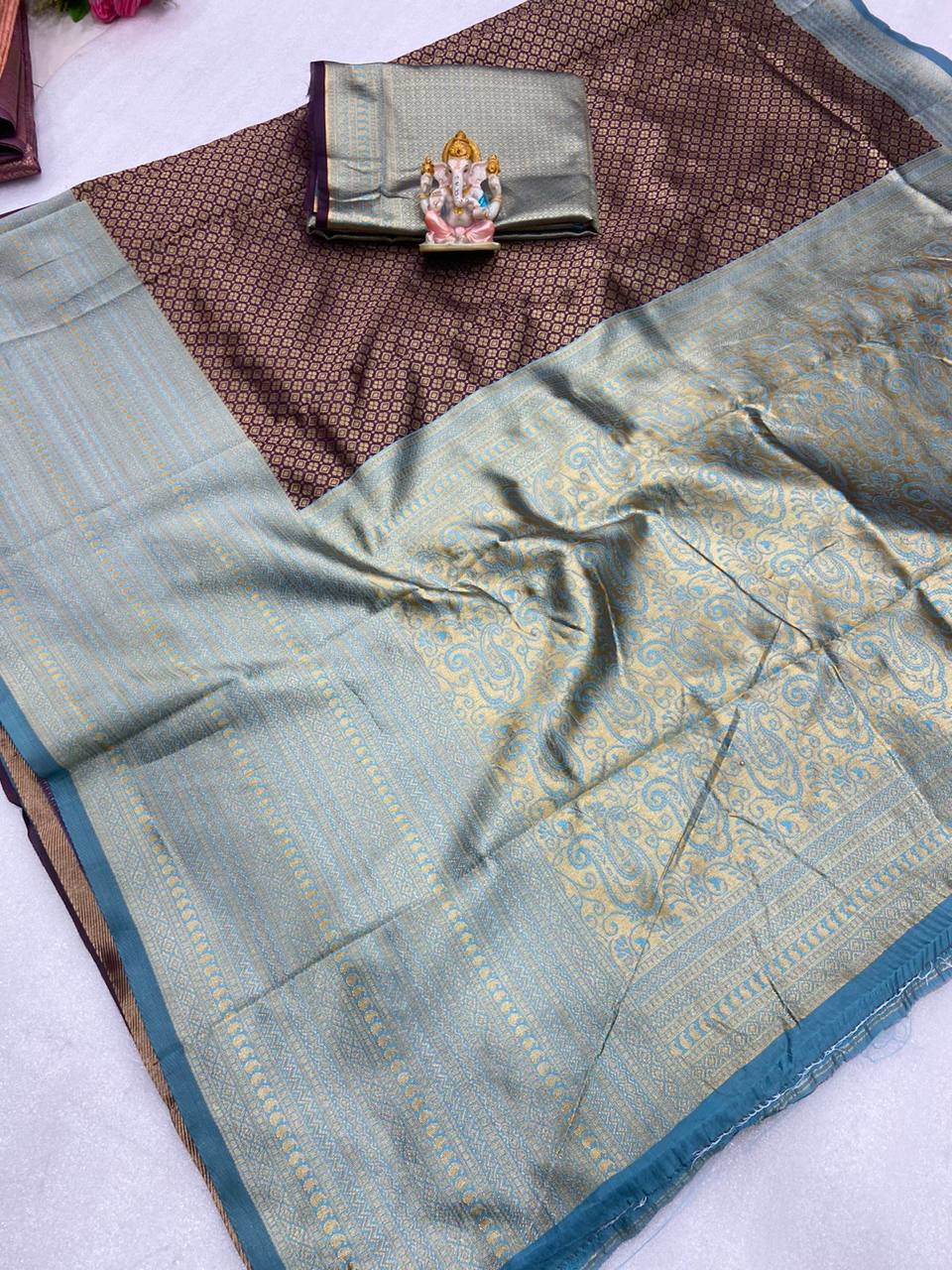 Teal Blue Traditional Kanchipuram Silk Saree with Designer Woven Blouse